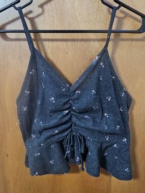 Black Floral Ruched Tie-Front Crop Top